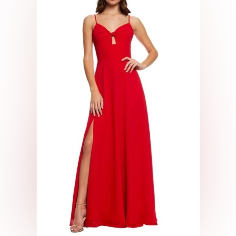 Dress The Population Cambria Red Maxi Slit Cutout Evening Gown Dress